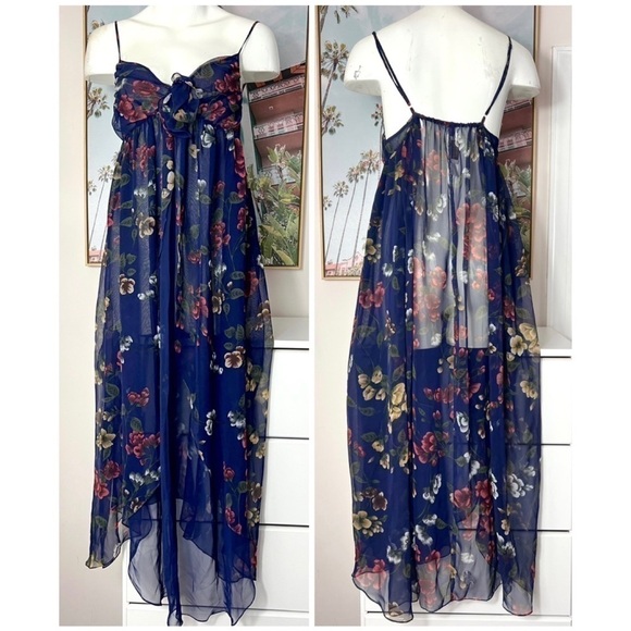 Victoria's Secret Gold Label Navy Blue Floral Long Sheer Nightgown Slip Medium - Picture 1 of 6